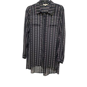 Pleione Women's Femme Black Sheer Button-Down Long Sleeve Shirt Geometric Patter